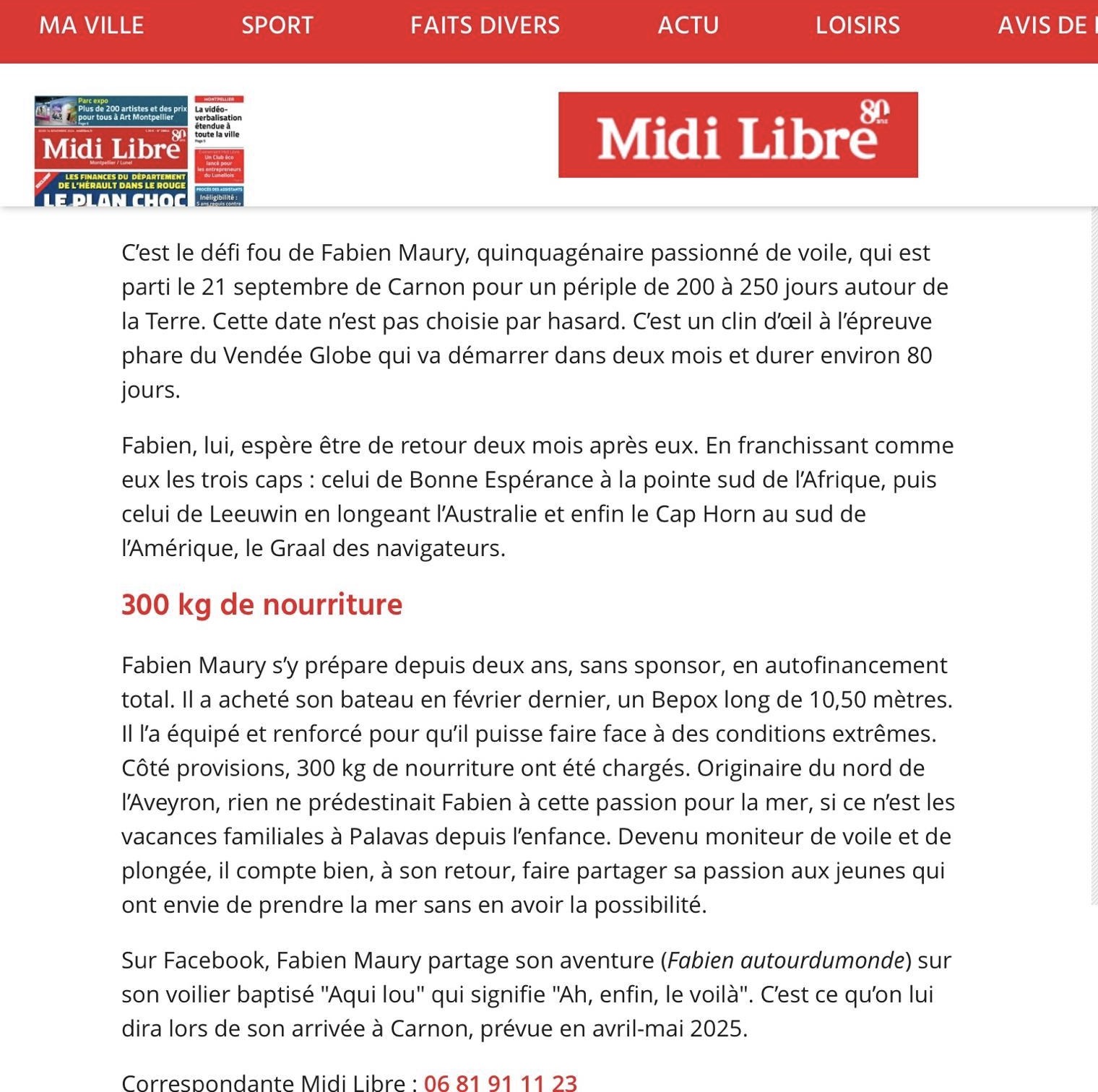 Article du 01/10/2024 paru dans le Midi Libre
